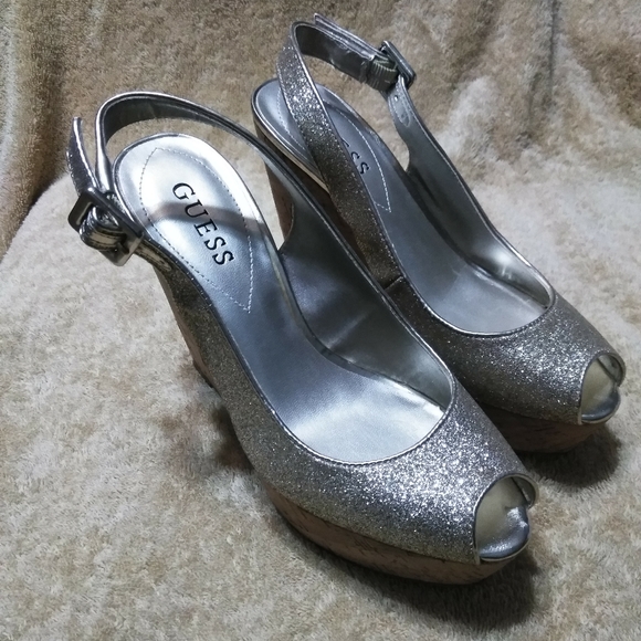 Guess Shoes - Guess Cork Wedge Heels Silver Sparkle Party Shoes